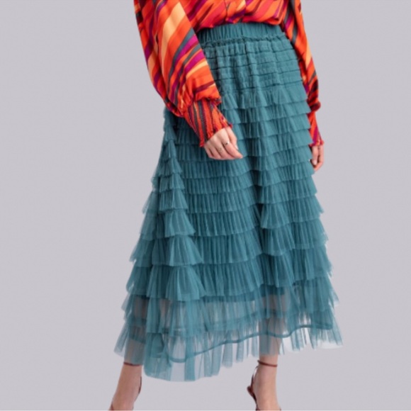New in Fabulous Mesh Ruffle Faded Teal Maxi Skirt - Picture 6 of 7